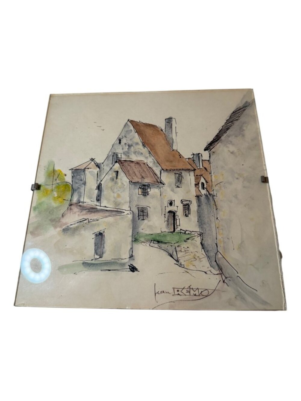 Jean Remo Signed Original Watercolor Ink French Village France 8x8 Vintage Art